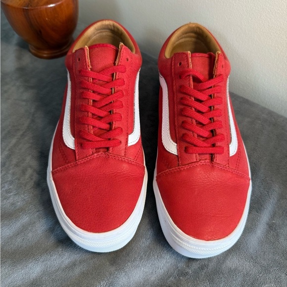 Red Leather Old Skool Vans Sneakers with Iconic Jazz Stripe - Picture 3 of 5